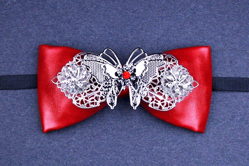 JIOU, Bow tie, tie handmade limited, Taiwan original design, artist outfit, stylist accessories, wedding jewelry, pet tie - Ties & Tie Clips - Genuine Leather Red