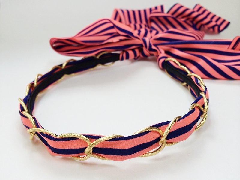 Hair bands ribbon - pink black stripes - Hair Accessories - Other Materials Pink