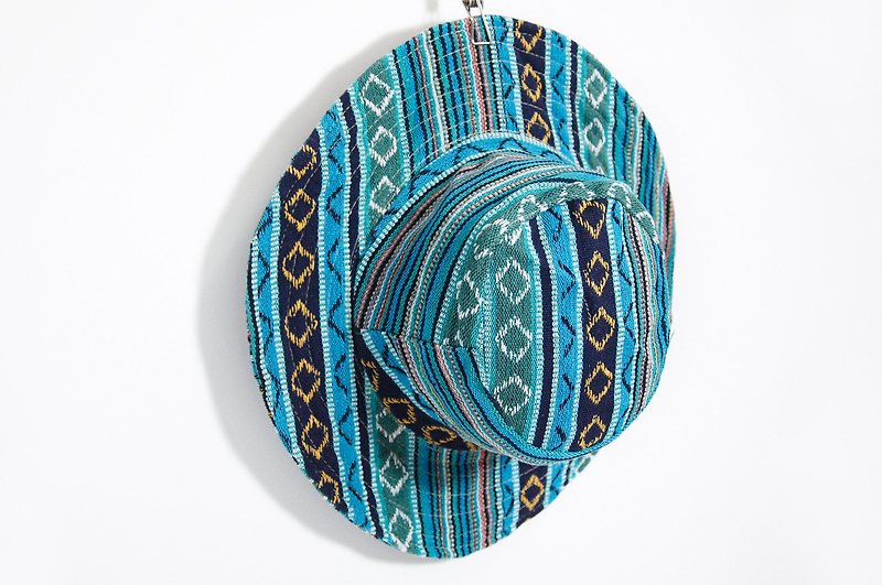 情人節禮物 民族拼接手織棉麻帽 / 針織帽 - 藍色圖騰 - 帽子 - 其他材質 藍色