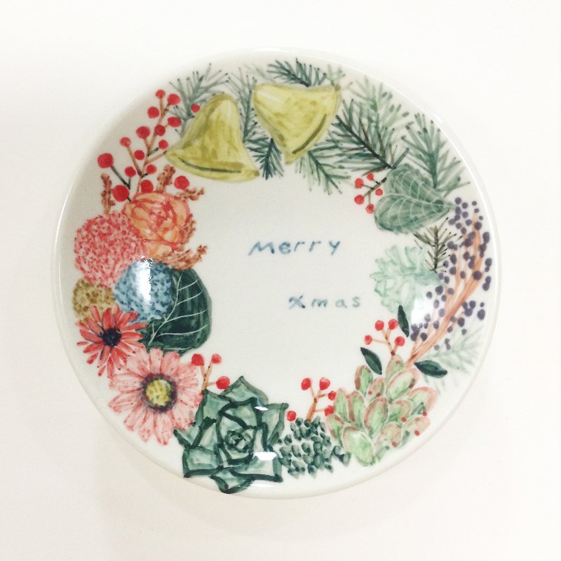 Jingle Bell Wreath-[Customizable Name] Hand-painted Christmas Small Dish - จานเล็ก - เครื่องลายคราม หลากหลายสี
