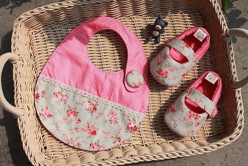 Pink and green small flower shoes + pocket toddler shoes set - รองเท้าเด็ก - ผ้าฝ้าย/ผ้าลินิน 
