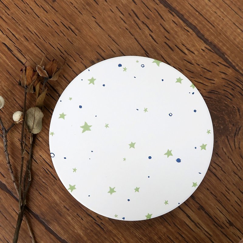 Quiet starry sky // Absorbent ceramic coaster // Dark green stars and blue dots are dancing - Coasters - Other Materials White