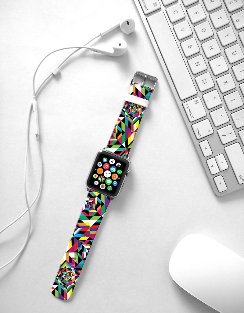 Apple Watch Series 1 , Series 2, Series 3 - Abstract Colorful Geometric Pattern Watch Strap Band for Apple Watch / Apple Watch Sport - 38 mm / 42 mm avilable - สายนาฬิกา - หนังแท้ 