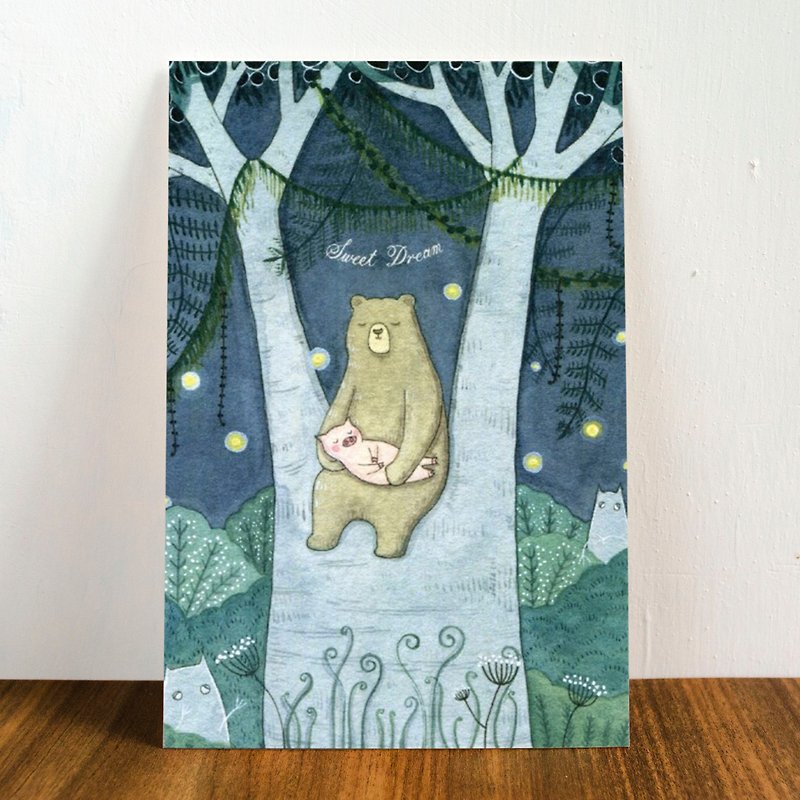 Watercolor illustration postcard－"Bear & Pig series"－Sweet dream - การ์ด/โปสการ์ด - กระดาษ สีน้ำเงิน