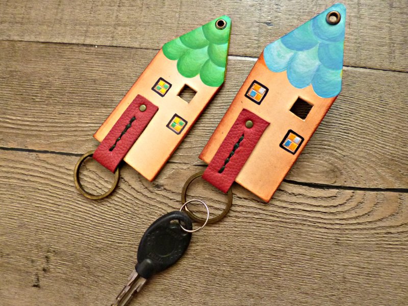 POPO│ │ Hans Christian Andersen's original house painted cow leather key ring x2│ - ที่ห้อยกุญแจ - หนังแท้ สีเขียว