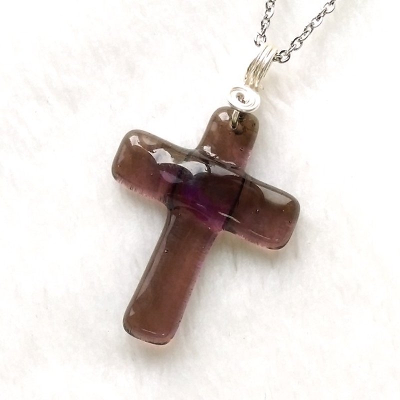 Colored Glass Cross Necklace - Tea Gold - Necklaces - Glass Brown