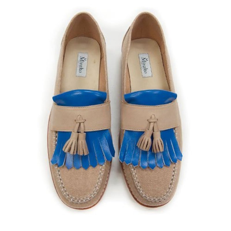 Classic Vintage Moccasin Tassel Loafers M1109 Blue - รองเท้าอ็อกฟอร์ดผู้หญิง - ผ้าฝ้าย/ผ้าลินิน สีน้ำเงิน