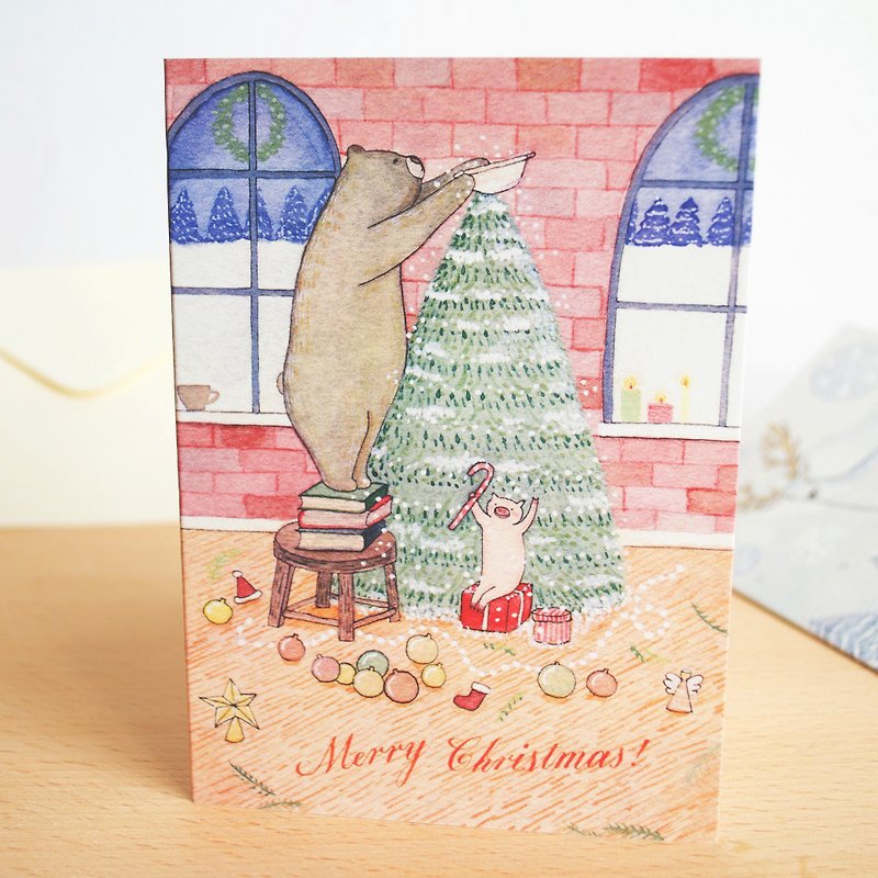 水彩イラストクリスマスカード「豚ベアーファミリークリスマスカードクリスマスカード」でも封筒 - カード・はがき - 紙 