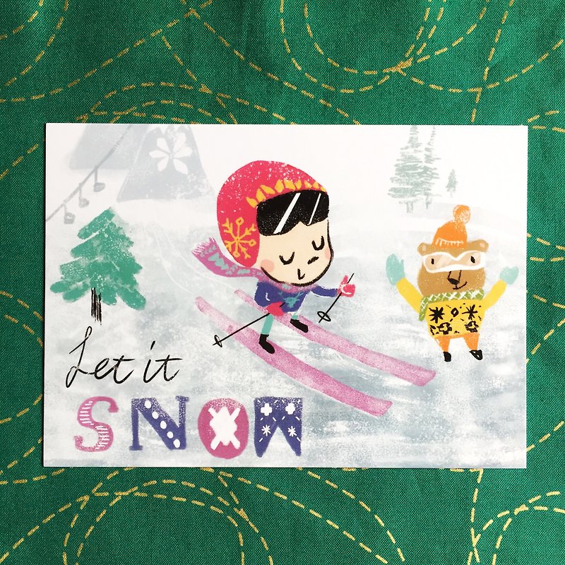 Let it snow 下雪吧！ 女孩與小熊的冬季問候卡  明信片 - 卡片/明信片 - 紙 藍色