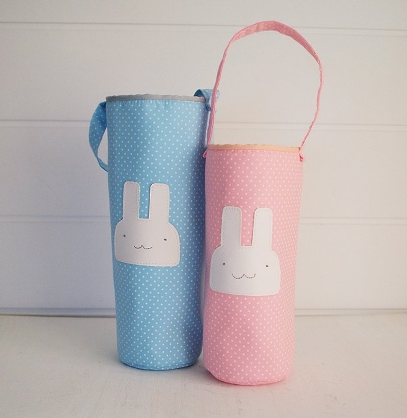 hairmo。微笑兔手提水壺袋/隨行杯袋-粉紅點(20cm) - 杯袋/飲料提袋 - 紙 粉紅色