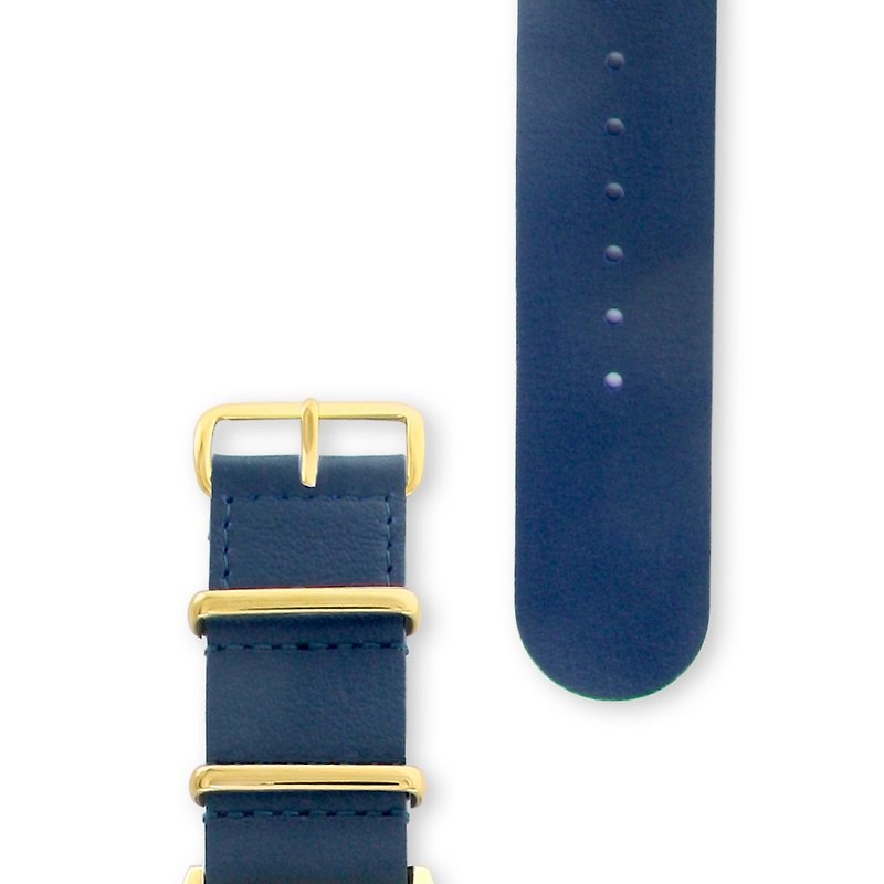ミリタリーレザーストラップ-22mm-NAUTICAL BLUE（ゴールドバックル） - 腕時計ベルト - 革 ブルー