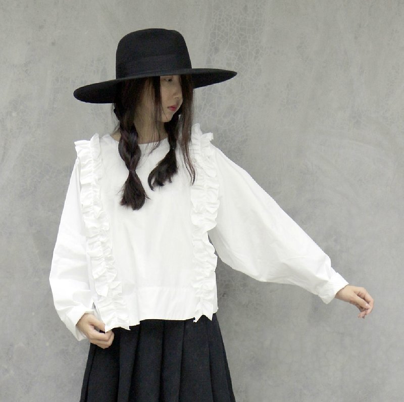 純棉白色扎摺 長袖套頭襯衫 - imakokoni - 女裝 上衣 - 棉．麻 黑色
