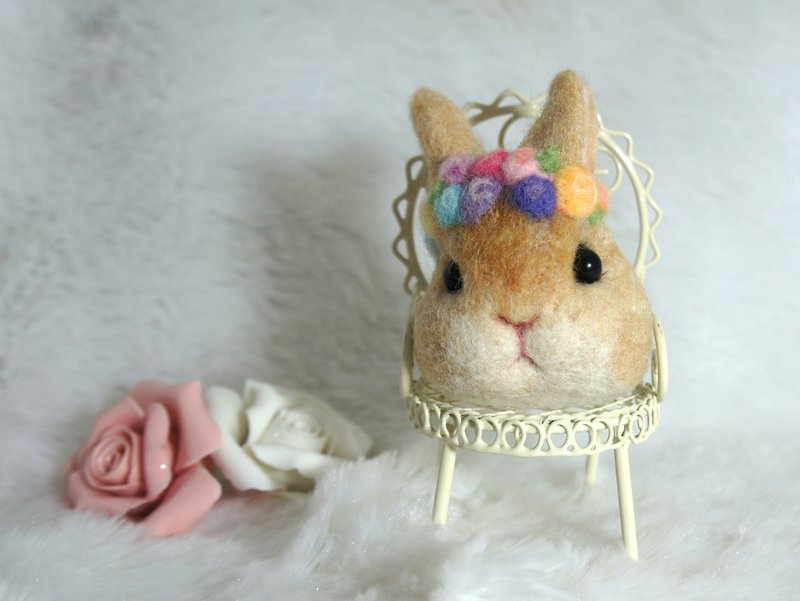羊毛氈玫瑰花圈兔兔 鑰匙圈 訂製 - 鑰匙圈/鎖匙扣 - 羊毛 