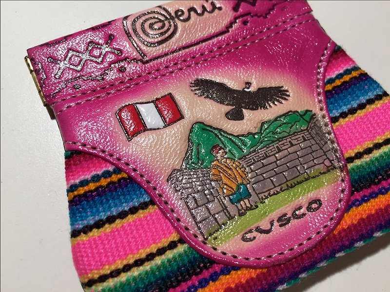 Colorful Peruvian texture stitching leather hand-painted hand-feel shrapnel coin purse/pouch-pink - Coin Purses - Genuine Leather Pink