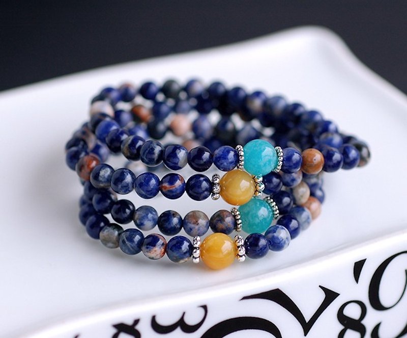 Tianhe Stone + Topaz + Orange Pattern Blue White Sands 108 Pendant Necklace / Buddha Pearl Necklace / Multi-turn Bracelet - Bracelets - Gemstone Blue