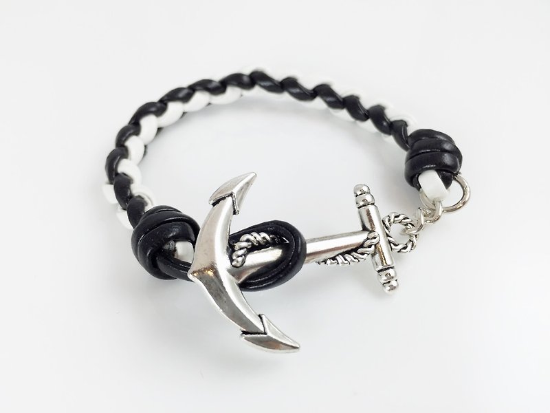 [X bicolor black and white leather strap buckle anchor] - Bracelets - Genuine Leather White