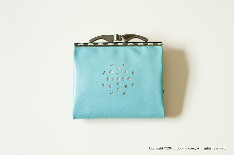 皮革鏤花口金包 - กระเป๋าใส่เหรียญ - หนังแท้ สีน้ำเงิน