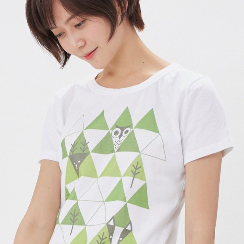 Geometric forest peach cotton round neck T-shirt Women white - เสื้อผู้หญิง - ผ้าฝ้าย/ผ้าลินิน ขาว