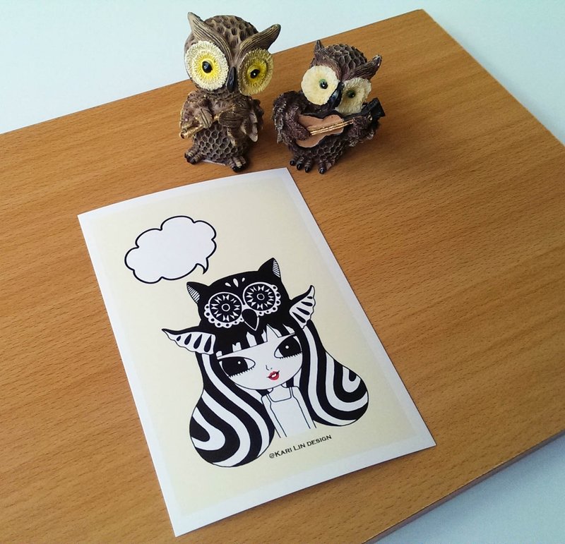 黑白貓頭鷹 插話動物員 插畫明信片 - 卡片/明信片 - 紙 多色