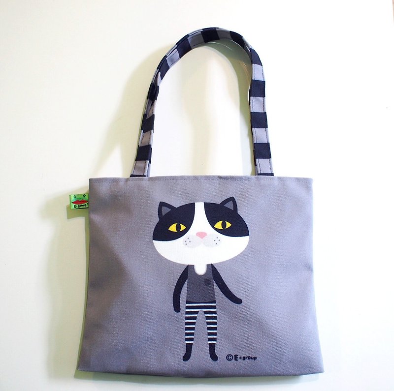 E*group shoulder bag double-sided design Ash cat canvas bag tote bag shoulder bag shoulder bag cat - กระเป๋าถือ - วัสดุอื่นๆ สีเทา