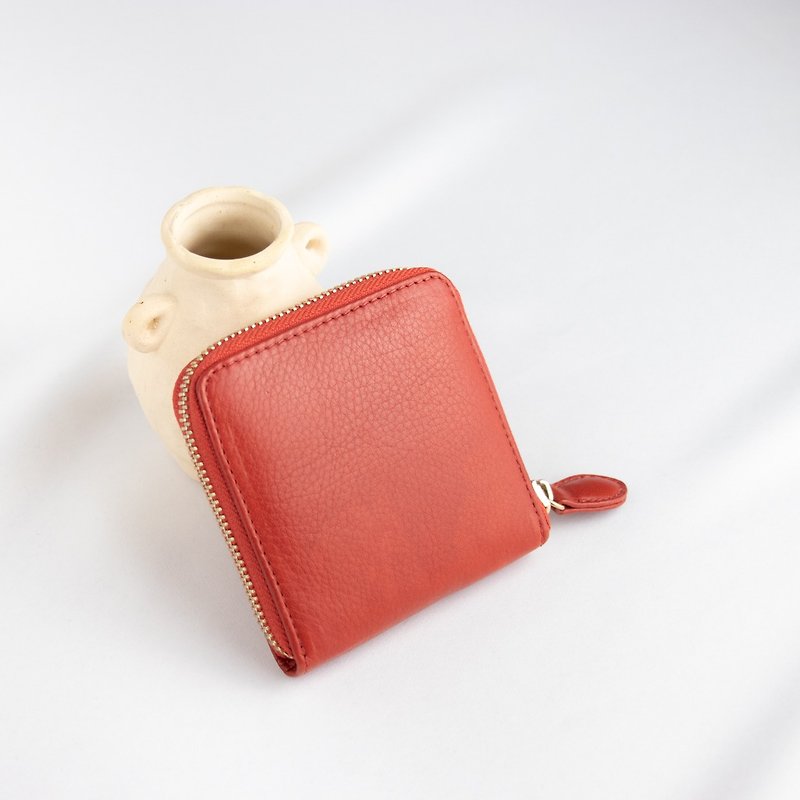 Minimal Square Coins Bag | Playful Short Wallet Purse | Red | TAT *defects sale* - กระเป๋าสตางค์ - หนังแท้ สีแดง