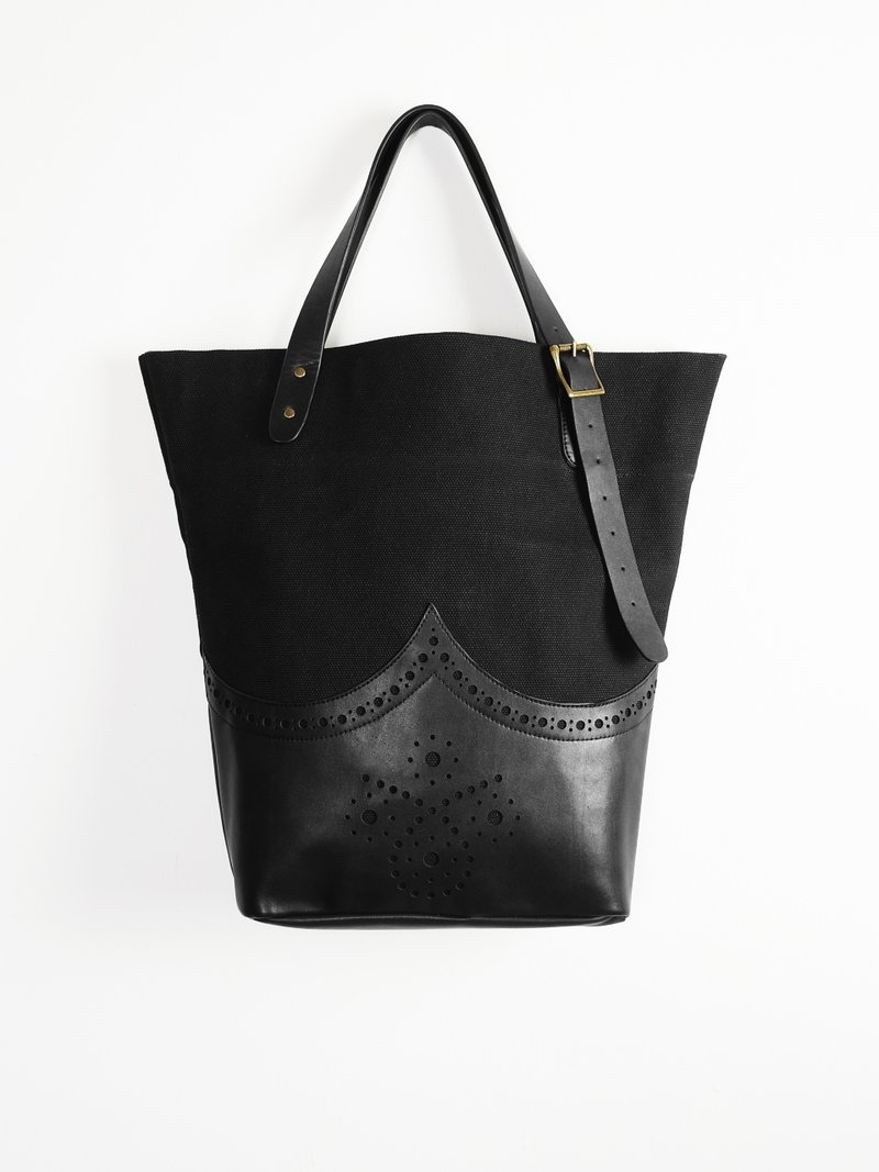 sample leather X 漾品 帆布牛津包 手工 機縫 帆布結合皮革 英倫風 牛津 托特包 『設計款』 - 手提包/手提袋 - 真皮 黑色