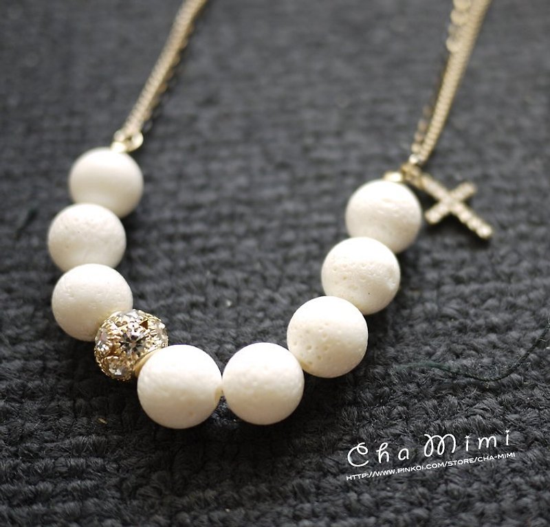 Cha mimi。石材愛戀。設計感白色圓石簡單雙色鏈/長項鏈 - Necklaces - Other Metals 