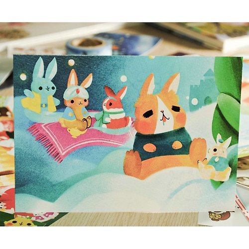 Momi*哞咪插畫 小兔童話明信片*阿拉丁x傑克與巨兔