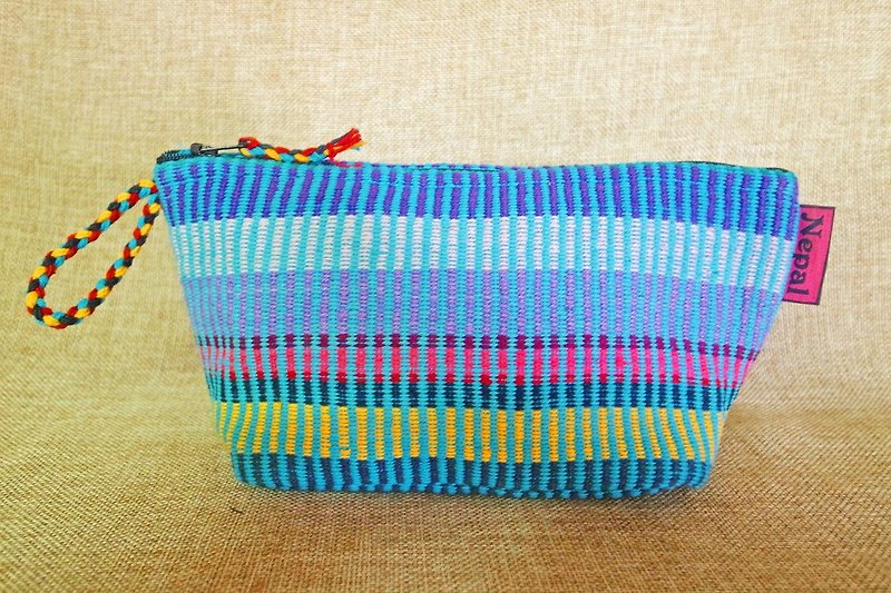 【Grooving the beats】Handmade Hand Woven Cosmetic Bag / Cosmetic Case / Makeup bag / Zipper Pouch / Pencil Bag（Blue） - Toiletry Bags & Pouches - Cotton & Hemp Blue