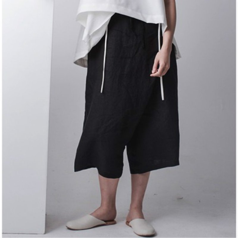 Black with a pair of pants to the Mars Wild Heavy Drawstring Neutral linen Wide leg pants Irregular Stack Cropped pants Design Cotton Spring Couple Men and women The same paragraph | Fan Tata independent design - กางเกงขายาว - ผ้าฝ้าย/ผ้าลินิน สีดำ
