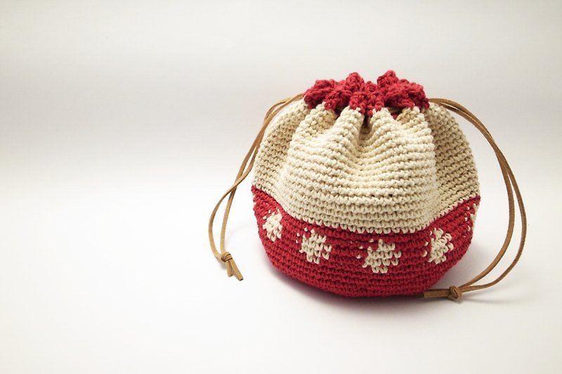 綿編束口袋(紅*米白) - 手袋/手提袋 - 棉．麻 紅色
