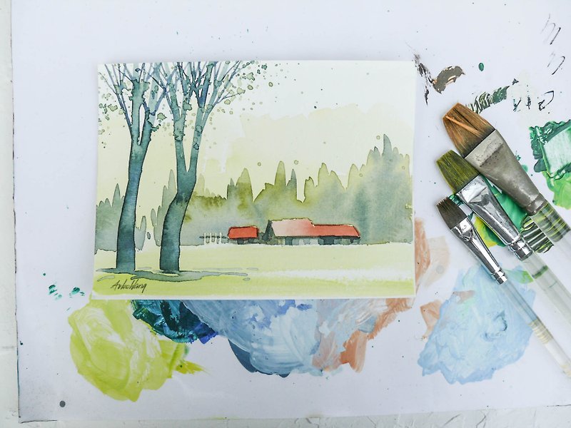「療癒系樹林系列1-27」水彩手繪限量版明信片/賀卡 - การ์ด/โปสการ์ด - กระดาษ สีเขียว