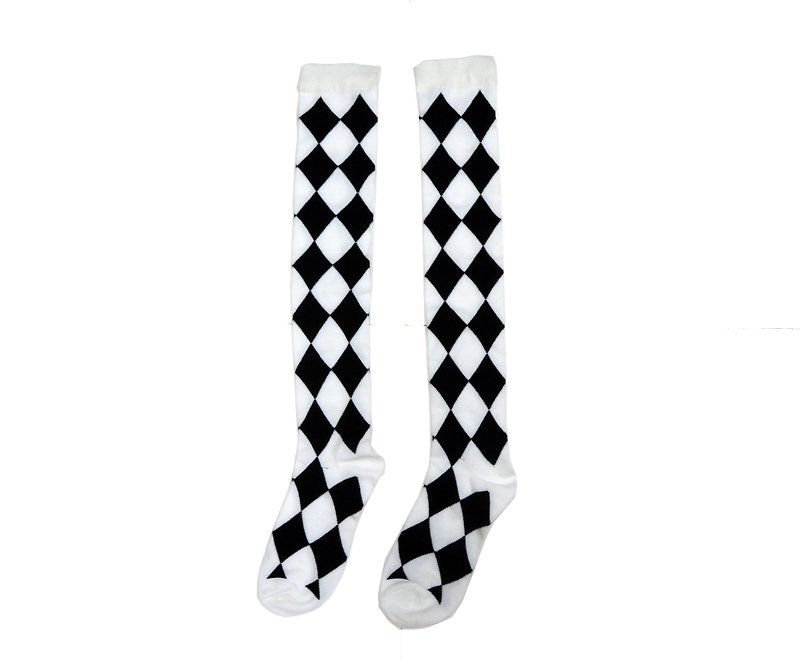 黑白菱格長筒襪 - 襪子 - 壓克力 白色