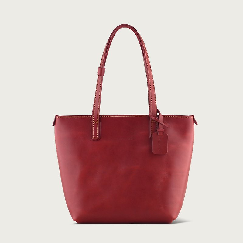 LINTZAN "hand-stitched leather" zipper tote bag tote / shoulder bag / handbag - red wine - กระเป๋าแมสเซนเจอร์ - หนังแท้ สีแดง