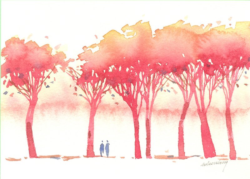 「療癒系樹林系列1-14」水彩手繪限量版明信片/賀卡 - การ์ด/โปสการ์ด - กระดาษ สีแดง