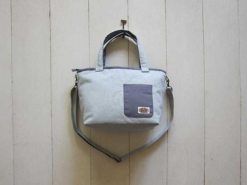 Two-color Dachshund Zipper Open Canvas + Front Pocket Tote Bag-Small (Silver Grey + Light Grey) - กระเป๋าแมสเซนเจอร์ - วัสดุอื่นๆ หลากหลายสี