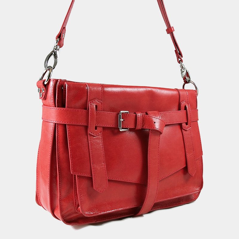 Influxx KAY Classic Leather Satchel / Leather Bag – Poppy Red - กระเป๋าแมสเซนเจอร์ - หนังแท้ สีแดง