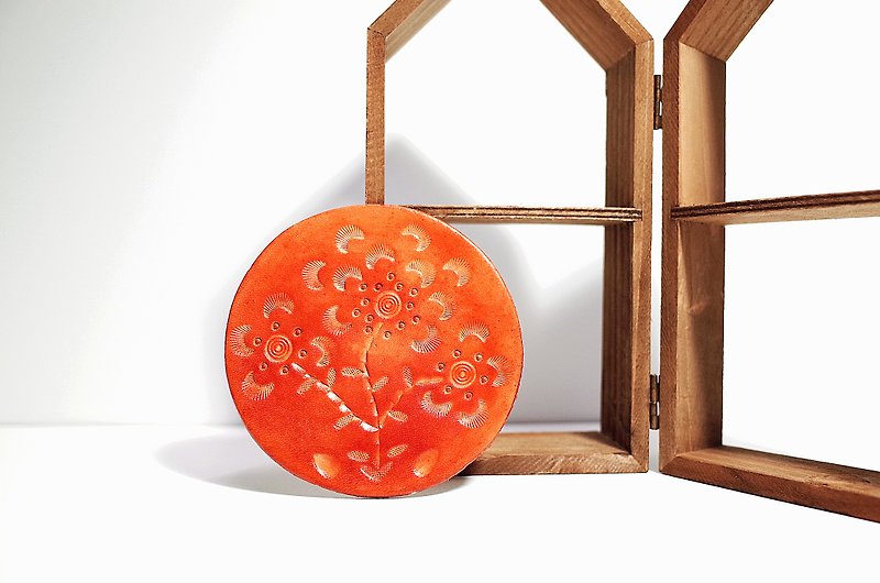 春の咲く古代の印刷された革のコースター（14色/無料レタリング） - コースター - 革 オレンジ