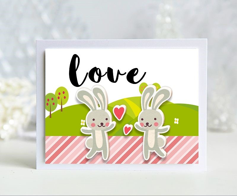 3張love情人節卡片(綿羊/兔子/狐狸)/純手工英文卡片 - 心意卡/卡片 - 紙 多色
