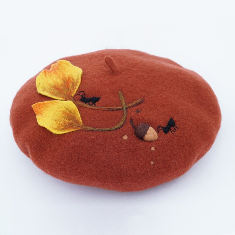 Original custom wool felt needle felt hat pure wool handmade small ant moving beret-brick red - Hats & Caps - Wool 