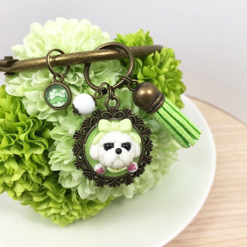● bow tie baby Maltese dog keychain tender green oversized handmade ● ● Limited Made in Taiwan - Keychains - Clay Green