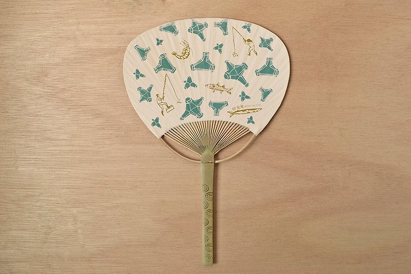 Mino handmade cloth fan / wave block and the sea fishing uncle / sea green brown - Electric Fans - Bamboo 