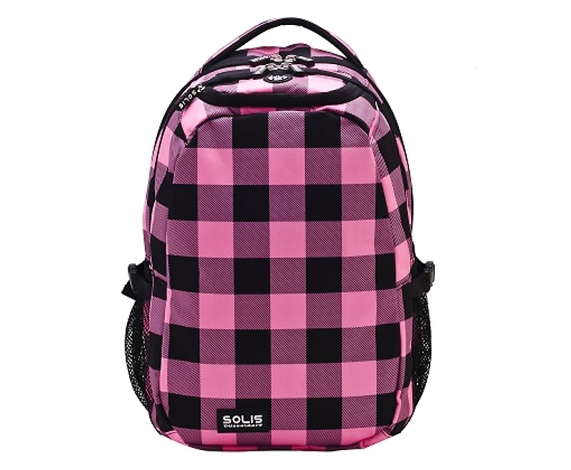 SOLIS Fantasy square Series 13 basic laptop backpack(pink/black grid) - กระเป๋าแล็ปท็อป - เส้นใยสังเคราะห์ สึชมพู