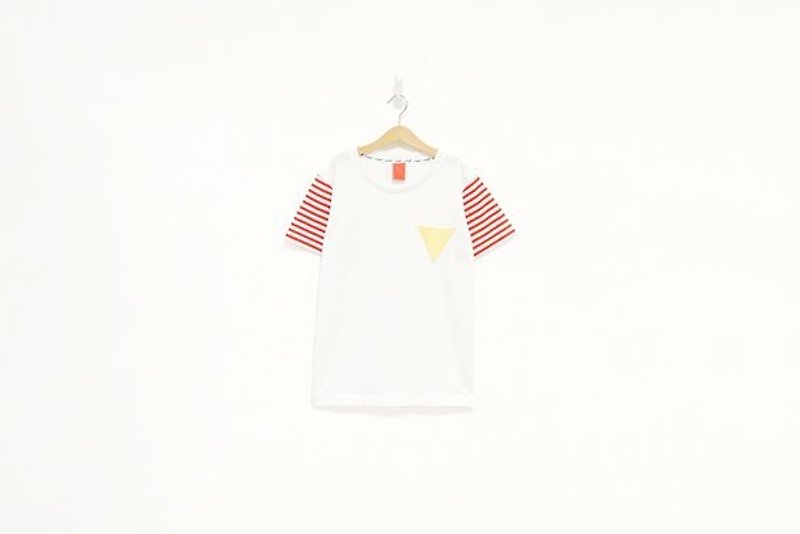 "H-ZOO" 三角形口袋 白色*紅白條紋袖子拼接Tee ( XS號已售完 ) - Women's T-Shirts - Other Materials Red