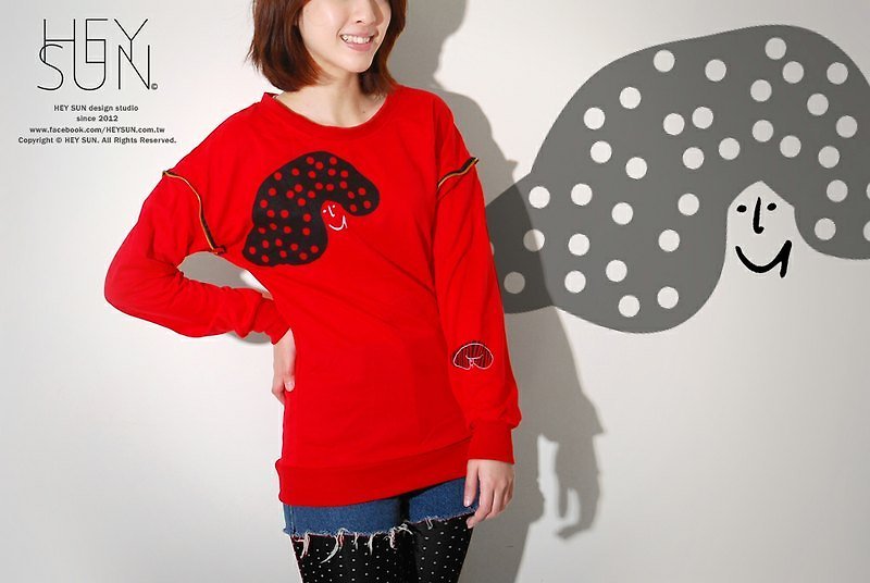 [M0278] HEY SUN independent hand-made brand ‧ black hair styling for boys and girls zipper red TEE (Lily Chen) - เสื้อยืดผู้หญิง - ผ้าฝ้าย/ผ้าลินิน สีแดง