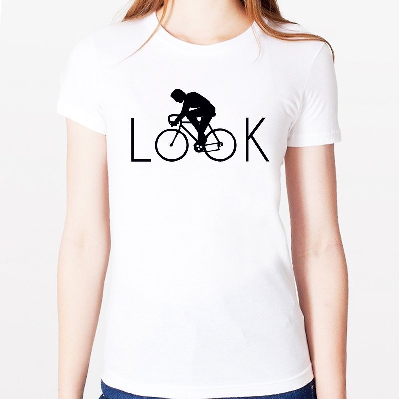LOOK Girls Short Sleeve T-shirt-2 Color Bicycle Simple Life Single Speed Bike Wen Qing Art Design Fashionable Text Fashion - เสื้อยืดผู้หญิง - วัสดุอื่นๆ หลากหลายสี