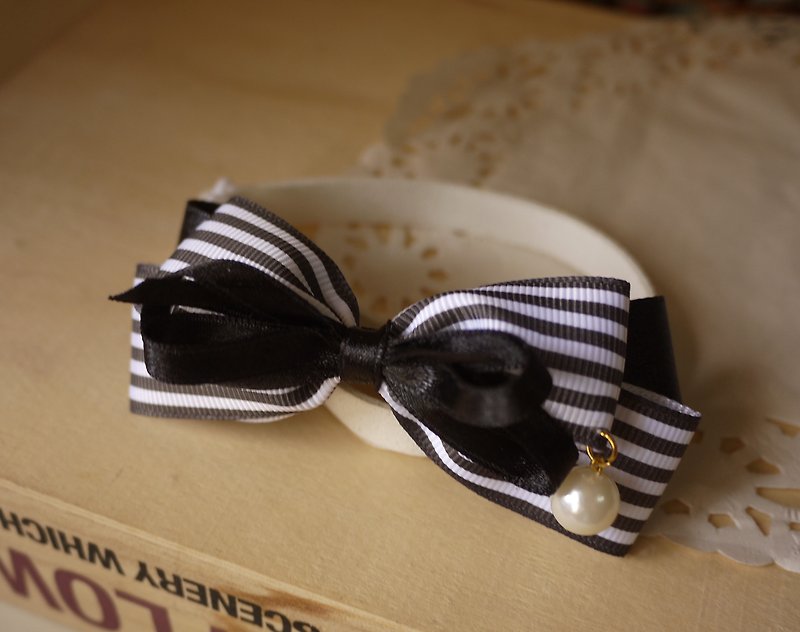 Safe pet collar x Korean wind black and white striped cats and dogs / neckband / bow tie / tweeted ♥ cherry pudding Cherry Pudding ♥ - ปลอกคอ - ผ้าฝ้าย/ผ้าลินิน สีดำ
