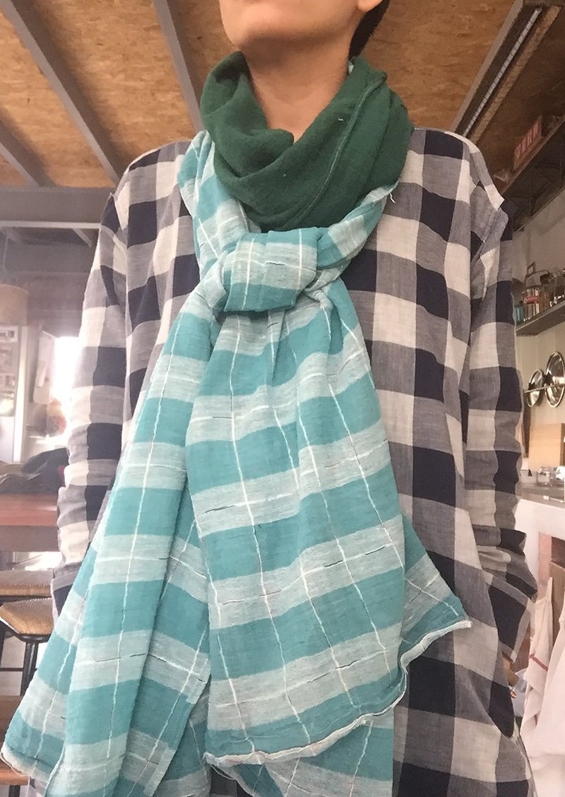 Only one! Indian cotton stitching cotton long green scarves - Scarves - Cotton & Hemp Green