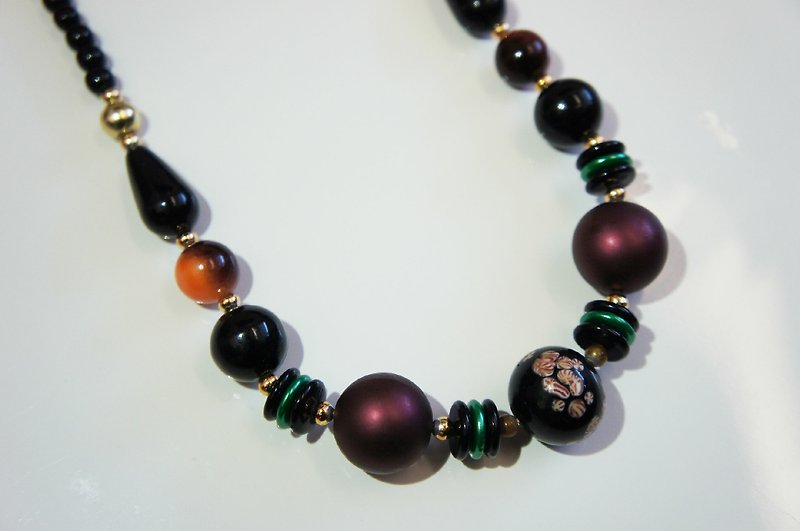 Colorful Amber and Painted Flower Beads Antique Necklace PdB Selected New York Antiques - สร้อยคอ - โลหะ 