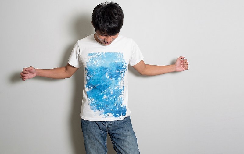 Hand-painted handprint TEE [Ocean] Male/Female - เสื้อยืดผู้หญิง - ผ้าฝ้าย/ผ้าลินิน สีน้ำเงิน